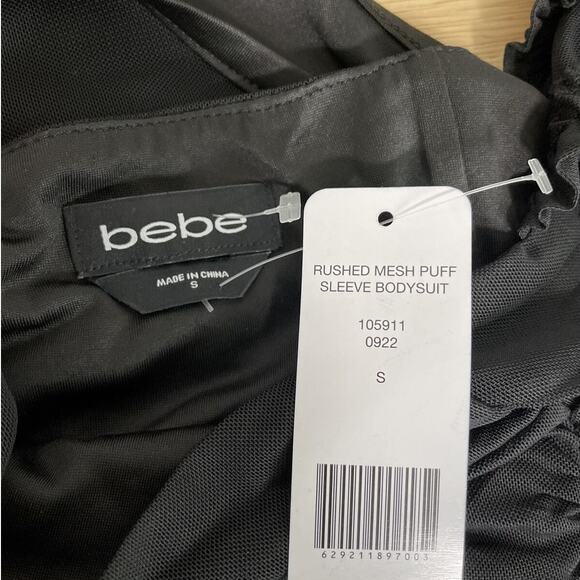 NWT Bebe Black Ruched Long Puff Sleeve Sheer Mesh Bodysuit Womens Size Small - Picture 3 of 13